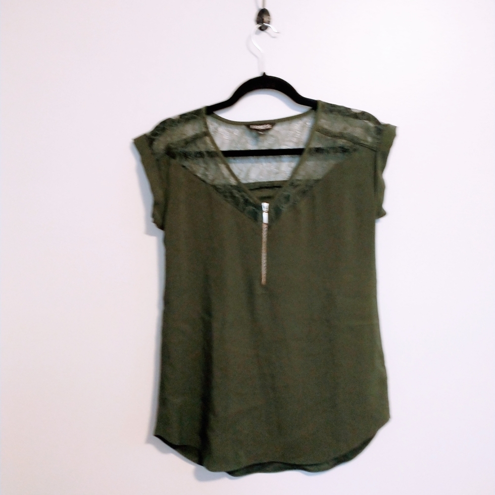Olive Green Lace Trim V-Neck Top with Zip